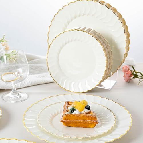 Lullaby 96PCS Ivory Scalloped Plastic Plates with Gold Rim, Disposable Elegant Plates Include 48pcs Dinner Plate 10.25", 48pcs Dessert Plate 7.5", Perfect for Daily Use, Wedding and Party thumbnail 6