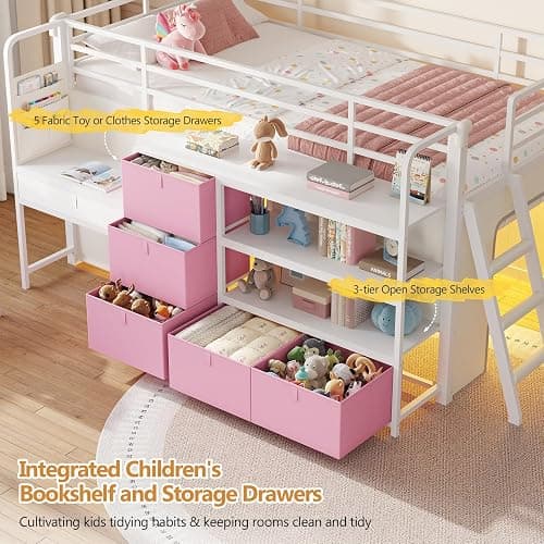 DICTAC Low Loft Bed with Desk and 6 Storage Drawers Twin Loft Bed with Bookshelf,LED Lights & Under-Bed Play Space,Kids Twin Beds with 13.8''H Safety Guardrail,Inclined Ladder&Play Curtain,Pink+White thumbnail 6