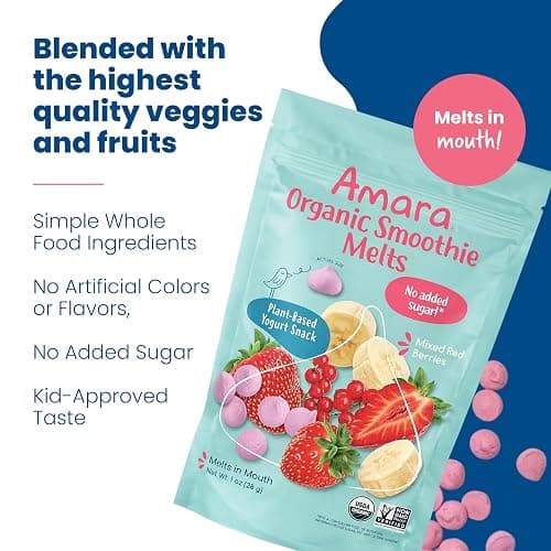 Amara Smoothie Melts - Mixed Red Berries - Baby Snacks Made With Fruits and Vegetables - Healthy Toddler Snacks For Your Kids Lunch Box - Organic Plant Based Yogurt Melts - 6 Resealable Bags thumbnail 6