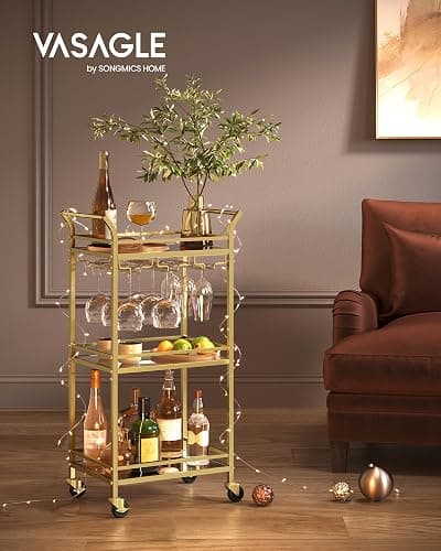 VASAGLE Bar Cart, Home Bar Serving Cart, Small Bar Serving Cart with 3-Tier Shelf, Wine Holders, Glass Holders, Mini Bar Cart for Small Spaces, Kitchen, Dining Room, Living Room, Pale Gold thumbnail 2