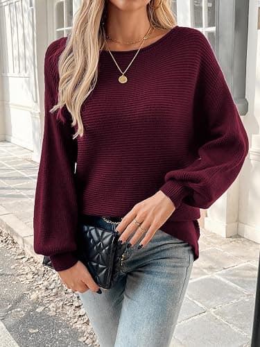 Mokayee Womens Long Sleeve Fall Sexy Casual Off The Shoulder Loose Fit Batwing Asymmetrical Pullover Sweater thumbnail 3