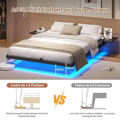 AOGLLATI Lit 2 Personnes avec 2 Étagères de Chevet,Cadre de Lit avec 140 x 190 avec Sommier Métal,Multiprise et Éclairage LED, 24 CM de Rangement pour Chambre, Noir thumbnail 6