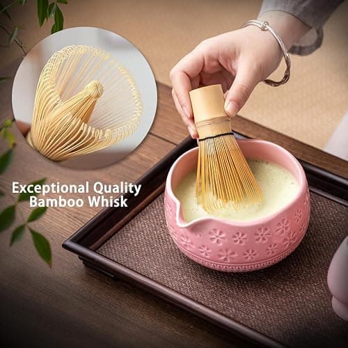 Buucup Matcha Whisk Set, Ceramic Matcha Kit Set Includes Matcha Bowl, Matcha Whisk and Holder, Bamboo Scoop, Scoop Rest, Sifter and Tea Towel - 7 Pcs Matcha Kit for Matcha Lovers (Pink) thumbnail 6