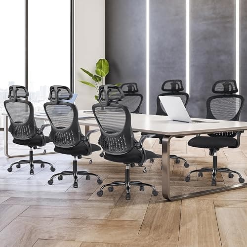 Sweetcrispy Office Computer Desk Chair, Ergonomic High-Back Mesh Rolling Work Chairs with Wheels and Adjustable Headrests, Comfortable Lumbar Support, Comfy Flip-up Arms for Home, Bedroom, Study,Black thumbnail 7