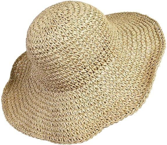 Women Straw Hat Wide Brim Beach Sun Cap Foldable Large Lady Floppy 100% Natural Paper Braided for Travel Decoration Summer Vacation Soft Lightweight and Breathable (Beige) - Image 1