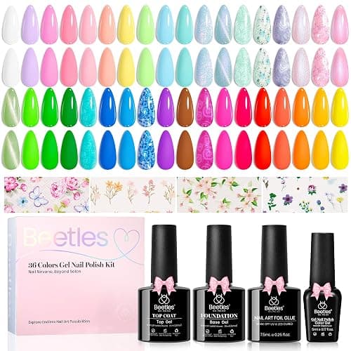 Beetles Gel Nail Polish Set with Base Top Coat Foil Glue Floral Gel Polish | 36 Color Collection Featuring Pastel Blue Green Glitter Shades with Soak-Off UV LED Formula for Nail Art thumbnail 7