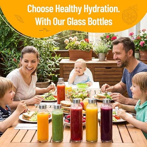 Luxfuel Clear Glass Bottles with Lids 18 oz, Reusable Glass Water Bottles with Stainless Steel Cap for Refrigerator, Juicing, 100% Leak Proof, BPA Free, Juice Bottle Drinking Jar Containers Set of 6 thumbnail 2