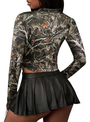 Women's Camo Print Y2K Cropped Long Sleeve Shirt Lightweigh Zip Up Jacket Workout Top thumbnail 2
