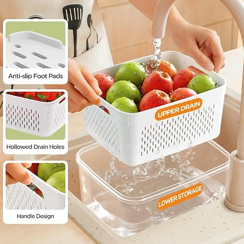5-Pack Fruit Storage Containers for Fridge with Removable Colanders, 4 in 1 Produce Storage Containers with Lids, Leakproof Fridge Organizer Bins for Salad Berry Lettuce Vegetables Meat Keeper Fresh thumbnail 2