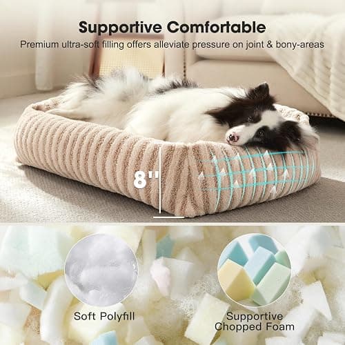 MIXJOY Dog Bed Medium Size Dog, Washable Medium Dogs Bed with Removable Cover, Soft Rectangle Doggy Ded Fluffy Plush Faux Fur Pet Bed with Anti-Slip Bottom, 30"x24"x8", Beige thumbnail 2