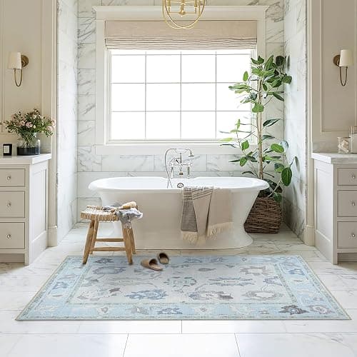 Fame Living Cream Blue Oushak Rug, Modern, Vintage, Turkish, Eclectic, Floral, Pastel, Washable, Area Rugs for Living Room, Dining, Bedroom, Office, Entryway, Foyer, Playroom, Nursery, 5'x6'9" thumbnail 8