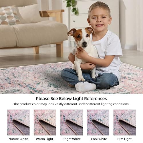 DELISEPT 5x7 Washable Area Rugs for Bedroom Girls Soft Boho Vintage Floor Carpet Non-Slip Oriental Pink Rug for Bedside Nursery Living Room Dinning Room, Light Green and Pink Rug - 5' x 7' (Rectangular) - Pink and Green thumbnail 6