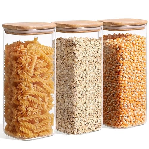 ComSaf Glass Storage Containers with Lids 1.9 Qt, Set of 3 Food Storage Jar | Pantry Storage Containers, Glass Jar, Square Canisters, Bamboo Lid with Silicone Seal, Cookie, Cereal, Coffee, Oats, BPA Free thumbnail 9