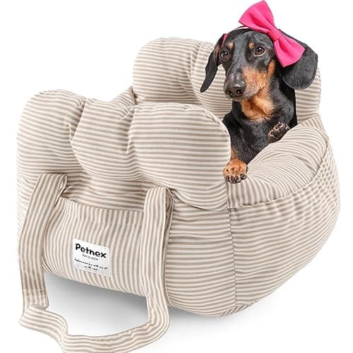 PETNEX Dog Car Seat for Small Dogs, Portable Puppy Car Seat of Easy Installation, Fashionable Pet Carrier Bag with Large Pockets, Machine Washable Dog Booster Seat (Striped Khaki) - Striped Khaki