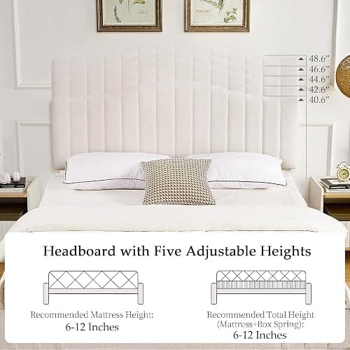 VECELO Full Size Beds Upholstered Platform Bed Frame with Height-Adjustable Teddy Fabric Headboard/Strong Wood Slats Supports / 7.9'' Under Bed Storage Space/Noise Free/No Box Spring Needed, Cream thumbnail 5
