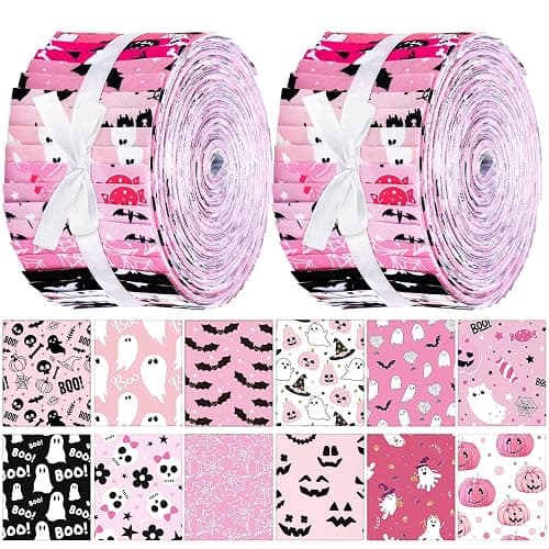 Hosuly 40 Pcs Pink Halloween Fabric Patchwork Roll Halloween Pumpkin Ghost Fabric Quilting Strips 2.55 Inch Boo Precut Patchwork Roll for Sewing DIY Craft Home Party Decor - Image 1