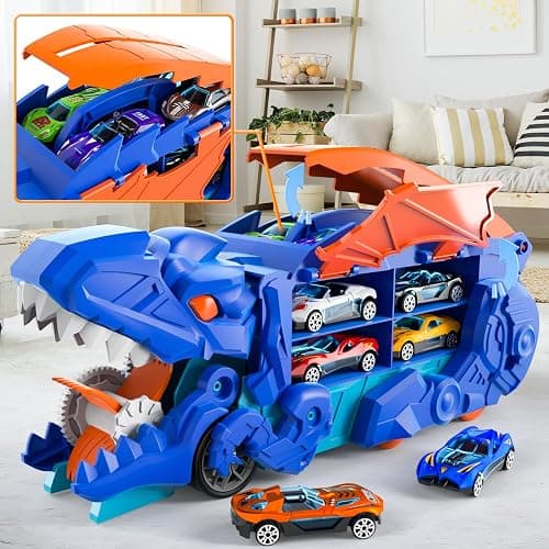 iHaHa Toddler Truck Toys for 3 4 5 6 Years Old Boys, Toys Cars Track Set Dinosaur Transporter Truck with 10 Die-Cast Car Toys, Transforms into Dino, Toddler Car Toys Set for Kids Boys Girls thumbnail 5