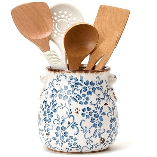 Utensil Holder for Kitchen Counter, Modern Farmhouse Rustic Cooking Utensil Holder and Crock, Exquisite Chinoiserie Floral Ceramic Utensil Organizer for Home Kitchen Decor- Blue and White Porcelain - Image 1