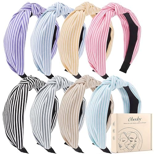 obeoby 8 Pack Stripe Knot Headbands for Women Girls, Non-Slip | Y2K Style HairBand, Retro Striped Design, for Retro Parties, School,Comfortable Fit, Holds Hair Neatly in Place Daily at Home - Image 1