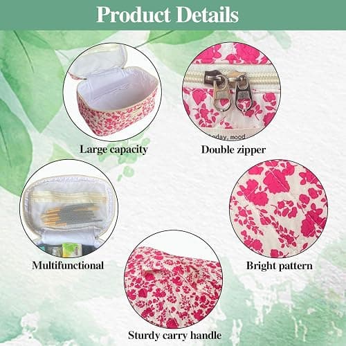 WYJ Rose Red Large Quilted Floral Makeup Bag Cute Soft Coquette Aesthetic Cosmetic Bag Cotton Travel Toiletry Bag for Women thumbnail 4