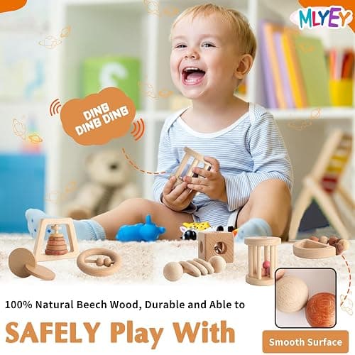 Wooden Baby Toy 8pcs, Montessori Toys for Babies 1-3 Years Old, Wooden Rattles Toy Set for Infant Grasping, Sensory Development, Gift for Baby Boys Girls (Natural Wood) thumbnail 4