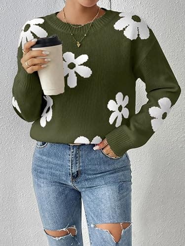 Libsorge Womens Oversized Cute Flower Sweater Fall 2025 Trendy Vintage Y2k Floral Knit Crewneck Long Sleeve Pullover Tops thumbnail 4