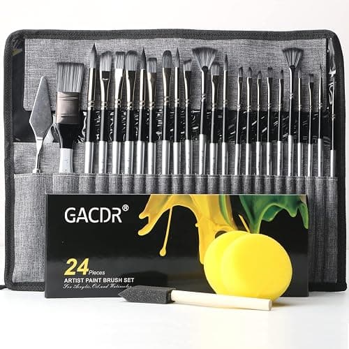 GACDR Acrylic Paint Brush Set, 24 Pieces Paint Brushes for Acrylic Painting with Cloth Roll Case and 2 Sponges, Pinceles para Acrilico for Oil Watercolor Gouache - Image 1