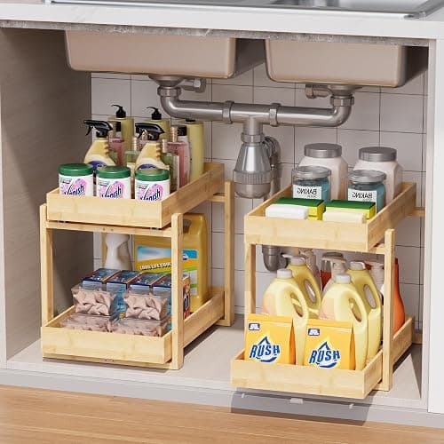 LONTAI Bamboo Wood Under Sink Organizer 2 Pack, Pull Out Cabinet Organizer 2 Tier Under Sink Organizers and Storage with Sliding Drawer Sturdy Easy Assembly for Kitchen Bathroom Undersink, Natural - Image 1