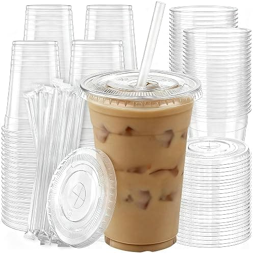100 Pack 16 oz Plastic Cups with Lids and Straws, Clear Disposable Plastic Cups, Heavy Duty Iced Coffee Cups with Leak-Resistant Lids, Cold Drink Cups for Smoothies, Juice, Soda & Party To Go - Image 1