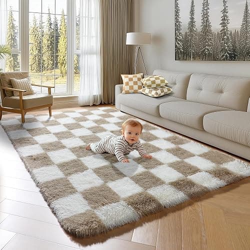 KICMOR Area Rugs for Bedroom Living Room, 4x6 Fluffy Soft Beige and Cream White Checkered Rug Fuzzy Shag Shaggy Carpet, Indoor Plush Rugs for Kids Boys Girls Dorm Nursery Office Home Decor Aesthetic thumbnail 7