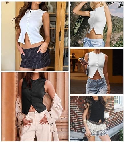 Pungdra Womens Button Down Tank Top Sleeveless Ribbed Fitted Vest Casual Crewneck Trendy Y2K Going Out Crop Knit Vest Top thumbnail 6
