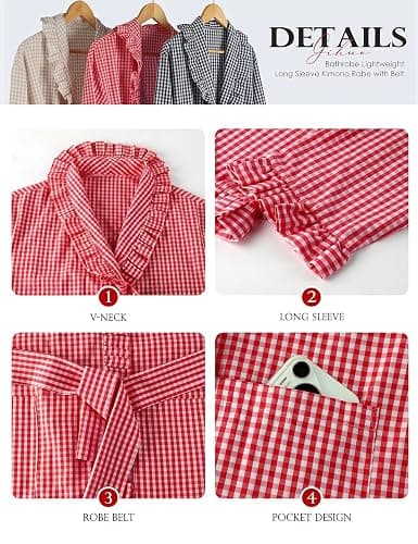 Gihuo Cotton Robes for Women Gingham Long Sleeve Ruffle Trim Bathrobe | Womens Robes Lightweight, Summer Robe, Plaid Bathrobe, Loungewear Sleepwear, Checkered Ruffle Housecoat thumbnail 3