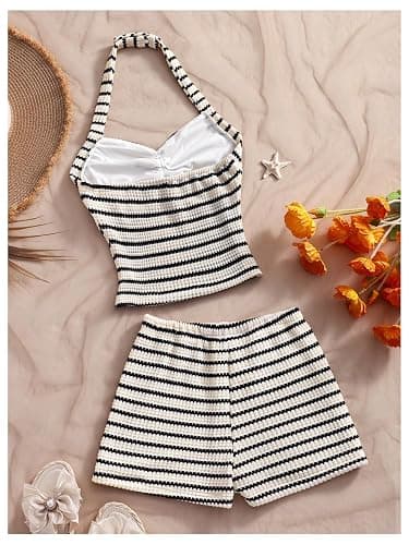 SHENHE Girl's 2 Piece Summer Outfits Striped Knit Halter Top and Shorts Teens Vacation Set thumbnail 2