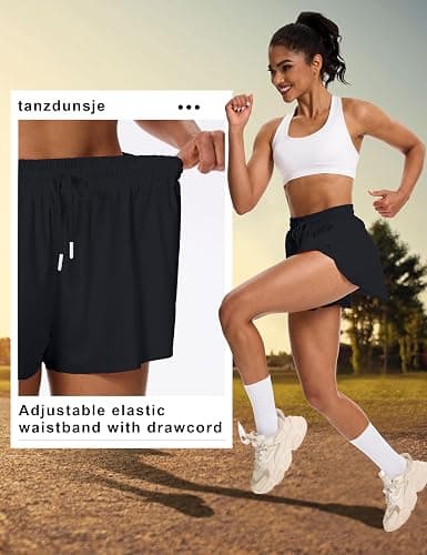 tanzdunsje Laufshorts Damen kurz Sportshorts 2 in 1,Tennis Gym Fitness RunningShorts mit 2 Taschen, Damen Schwarze Shorts Workout Sportrock Elastischer Bund, mit Innenfutter - XL - Schwarz thumbnail 3