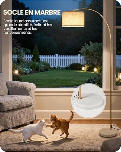 GOEBLESON Lampadaire de salon arc, lampe arquée réglable en hauteur de 158 à 188 cm, lampadaire à intensité variable avec télécommande, avec ampoule LED, beige noir, pour chambre à coucher thumbnail 5