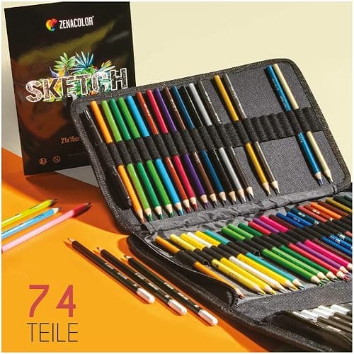 Zenacolor 74-teiliges professionelles Zeichenstifte Set, Federmappe mit 24 Wasserfarb-Malstiften, 12 Buntstifte, 12 metallische Malstifte, 12 Bleistifte und Zubehör - 1 Skizzenbuch thumbnail 3