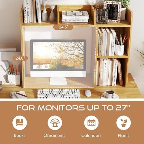 Tangkula Desktop Bookshelf, Countertop Storage Hutch with Shelves for Computer Desk, Desk 3-Tier Display Rack, Multipurpose Wood Desktop Hutch Storage Organizer for Dorm Office thumbnail 6