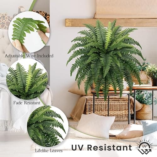 FOREST PRINCE 35" Ferns Artificial Bush Plants Large, 2 Artificial Boston Ferns with 39 Fronds for Outdoors Home Decor thumbnail 4