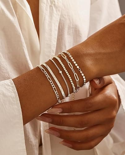 DEARMAY Dainty Silver Plated Chain Bracelets for Women Trendy, Waterproof Silver Jewelry Sets Fashion Stackable Beaded Figaro Herringbone Paperclip Chain Bracelet Pack Stack Gifts thumbnail 3