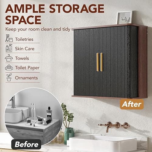 Furnaza Laundry Room Wall Cabinet with Fluted Sliding Door, 29.5" W Bathroom Medicine Cabinet with Adjustable Shelf, Wall Mounted Storage Cabinet for Living Room Kitchen, 11.7" D x 29.5" W x 27.68" H thumbnail 6