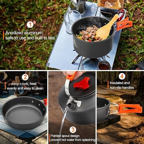 THTYBROS 17pcs Camping Cookware Kit, 0.45Gal Pot, 7inches Pan,0.30Gal Kettle Set with 2 Set Stainless Steel Cups Plates Forks Knives Spoons for Hiking thumbnail 6