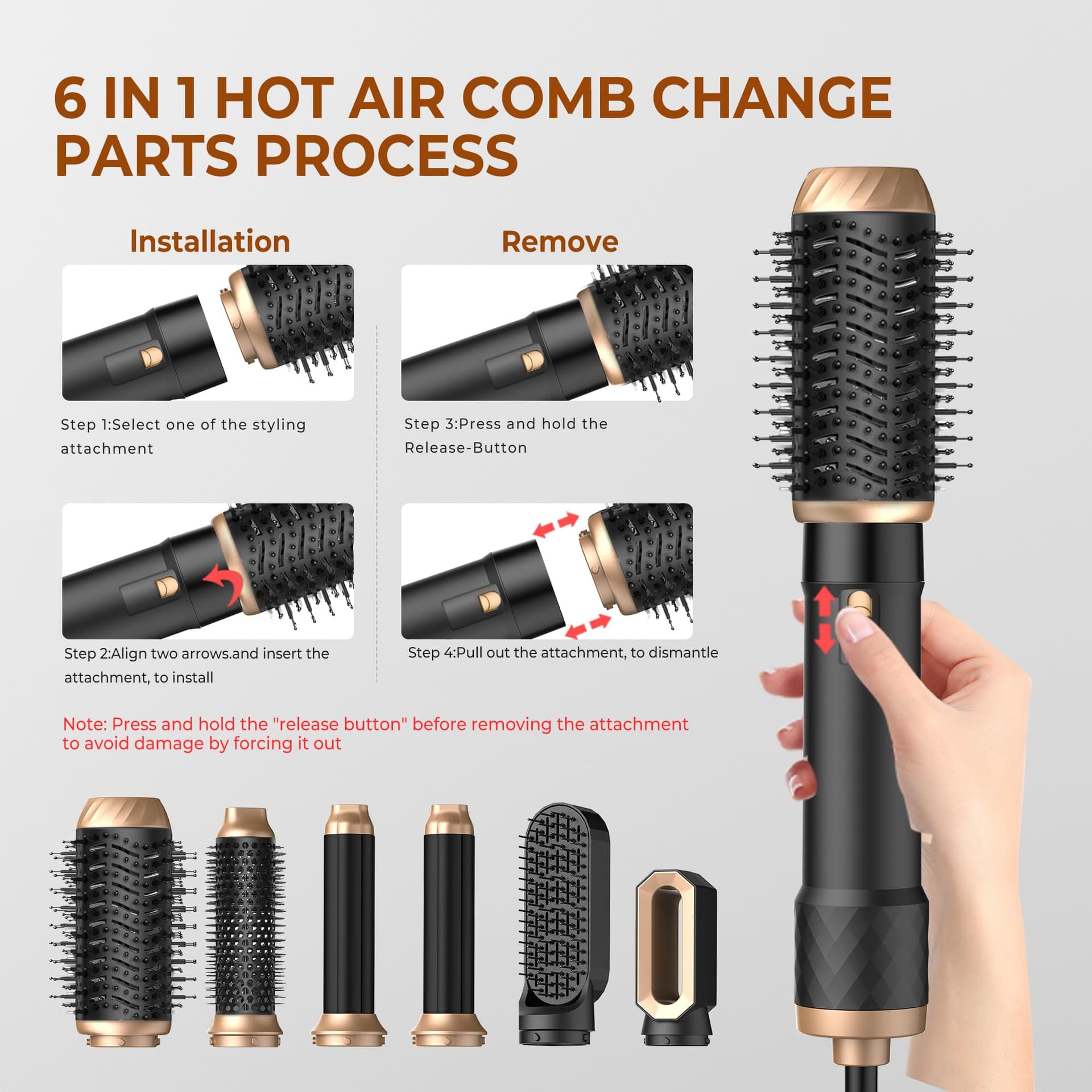 Haardrogerborstel, 6-in-1 Air Styler, 1000 W, föhnborstel met haardroger, ronde borstel, luchtkrultang, stijlborstel voor haar, zwart thumbnail 8