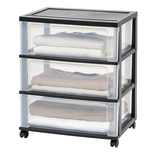 IRIS USA 3 Drawer Wide Storage Drawer Cart with Caster Wheels, Plastic Rolling Dresser for Home Closet Bedroom Bathroom Office Laundry Kitchen Craft Room Nursery and School Dorm, Black/Clear - Black - 3 Drawer - Image 1