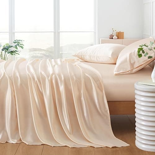 HommxJF 5Pcs Champagne Silk Sheets Full Size Satin Sheets Set with 1 Satin Flat Sheet,1Deep Pocket Fitted Sheet,3 Pillowcases with Envelope Closure thumbnail 7