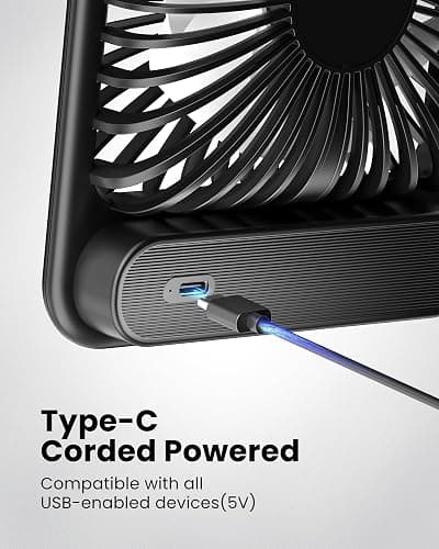 Koonie USB Desk Fan, Strong Wind Ultra Quiet Small Personal Fan with 180° Tilt Folding and 3 Speeds Adjustable, USB-C Corded Powered Mini USB Fan for Office Desktop Bedroom, NO BATTERY thumbnail 5