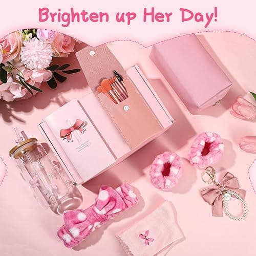 saerryor Birthday Gifts for Girls, Bow Glass Cup with Lid and Straw Card Keychain Pendant Makeup Brushes Cosmetic Bag Socks Headband, Pink thumbnail 5