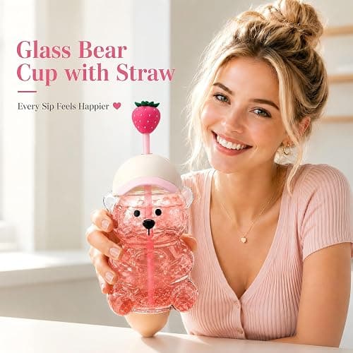 SummerWins Glass Bear Cup With Straw, Leak Lid & 2 Hats for Coffee & Shakes | Cute Bear Cup With Straw, 20 oz Clear Glass Cup With Secure Lid & 2 Replaceable Hats for Gifts, Parties & Daily Use thumbnail 3