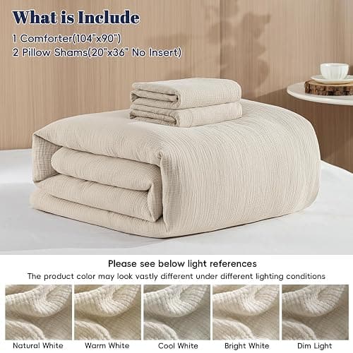 PHF Cotton Muslin Comforter Set King – 100% Cotton Cover, Ultra Soft & Breathable, 3PCS Lightweight All-Season Bedding with Polyester Fill, 1 Comforter 104"x90" & 2 Pillow Shams 20"x36", Natural thumbnail 7