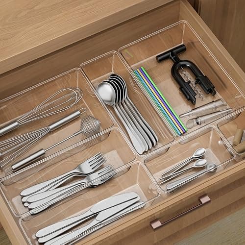 DESK | Amazon | 12 Piece Clear Drawer Organizer Set, 3 Sizes Bathroom Vanity Organizer Trays and Storage Bins for Makeup, Cosmetics, Jewelry, and Gadgets. Perfect for Office, Kitchen, Bedroom, Bathroom Use. thumbnail 6