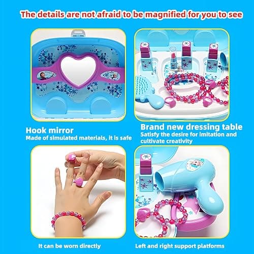 Disne Frozen Girls Makeup Role-Playing Set: 3-in-1 Beauty Luggage with Fashion Accessories, Made of Safe ABS Material, Princess Role-Playing Toy for Girls, Birthday Gifts (Blue) thumbnail 3